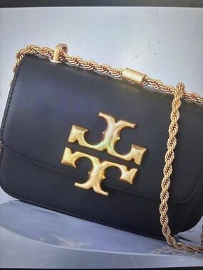 Tory Burch Black Crossbody Bag with Gold Logo & Rope Chain